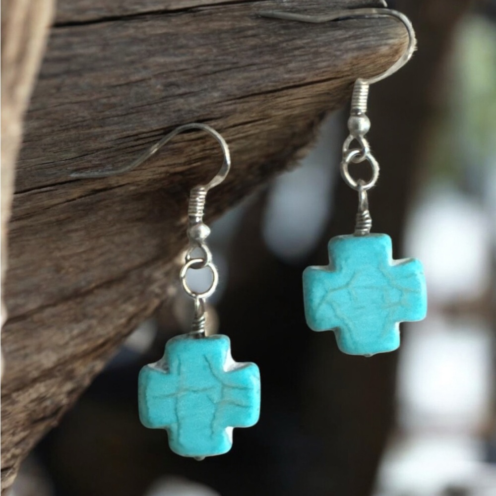 Turquoise Cross Dangle Earrings on Sterling Silver Hooks